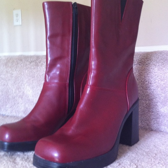 Red wide heel zip up boots