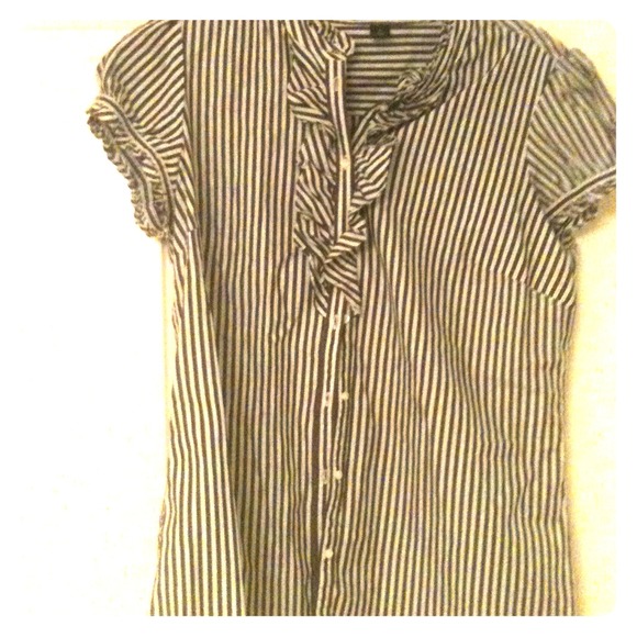Cap sleeves button up cream and brown striped top.