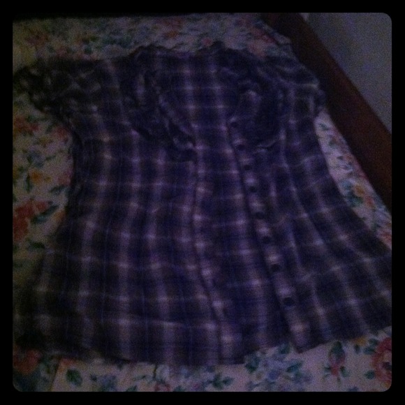 Vibrant blue, white & gray button up with ruffles.