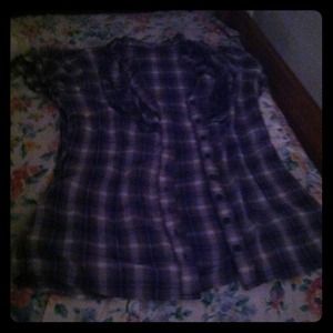 Vibrant blue, white & gray button up with ruffles.