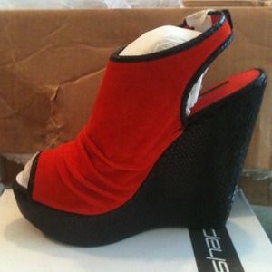 Brand New, Never Worn Hot Orange Buckle Wedge