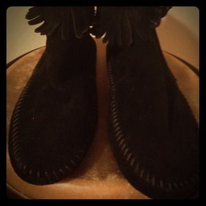 ****TRADE******Black suede anklet moccasins.