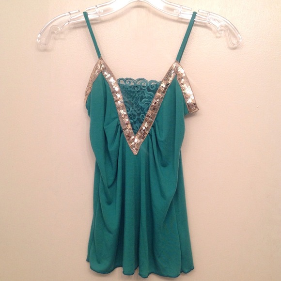 Green tank with sequins and lace inset