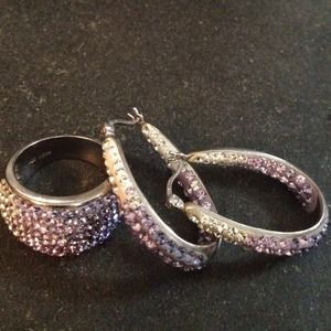 Ombré purple Swarovski crystal earring w ring, 925