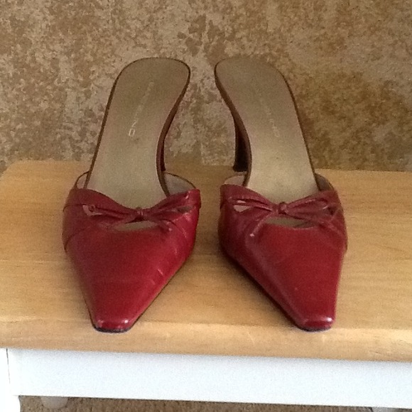 Red, pointed toe heeled mules