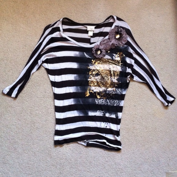 Black & White Striped Top with Flower Detail