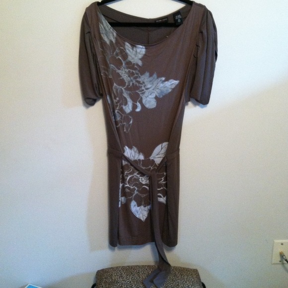 Grey dress with blue floral detail.