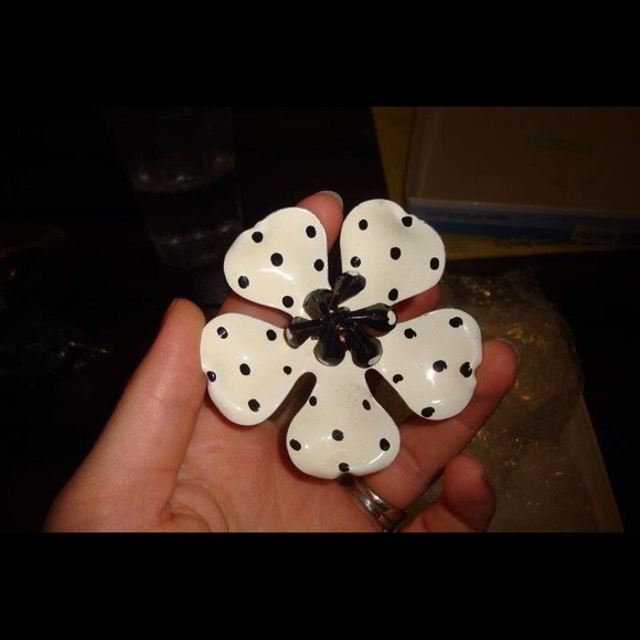 Vintage White with black polka dots floral brooch