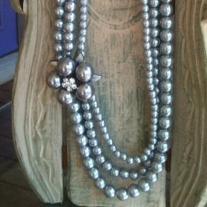 Grey Faux Pearl Necklace With Flower Accent