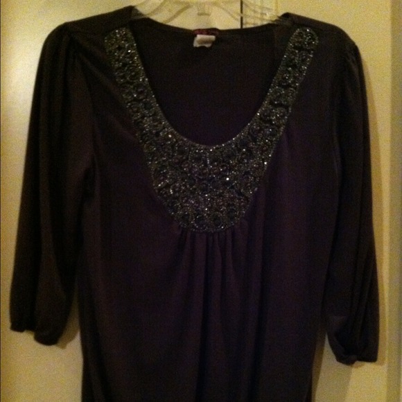 Gray blouse with bejeweled collar