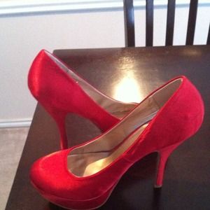 Red satin 4 inch pumps