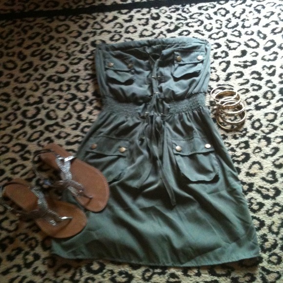 Strapless khaki green dress