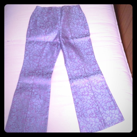 Purp sateen flare pants w blue, metallic embroid.