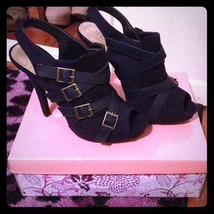 Dark Blue suede peep toe sling back