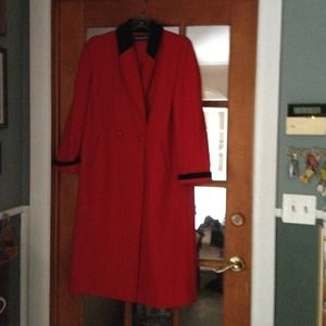 Red with black collar Winter coat .