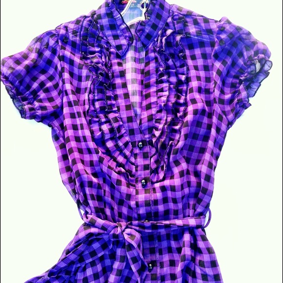Sheer Purple and Black Gingham Dress Top