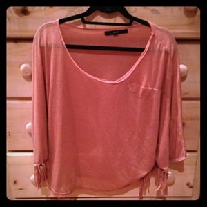 UNIQ sheer blush colored fringe top, size M/L