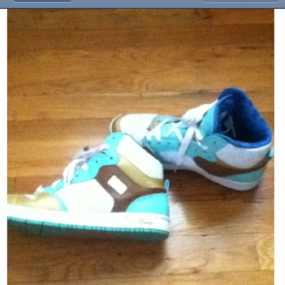 Shoes - Pastry teal, brown, and gold high tops.