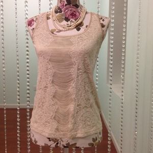 Nude and cream stretch lace top
