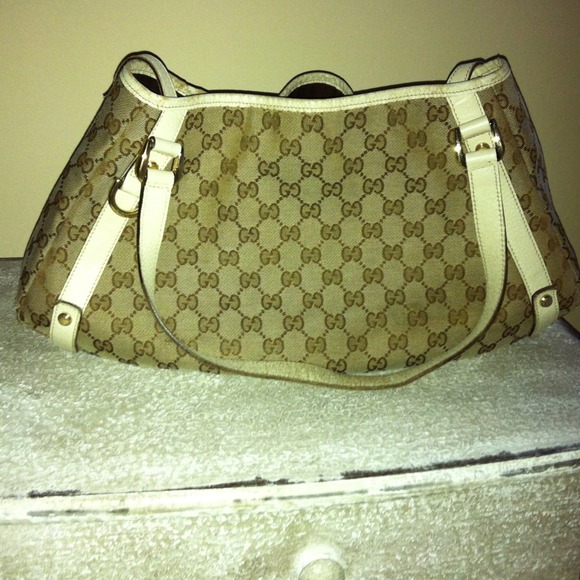 Authentic Gucci canvas shoulder bag w beige trim