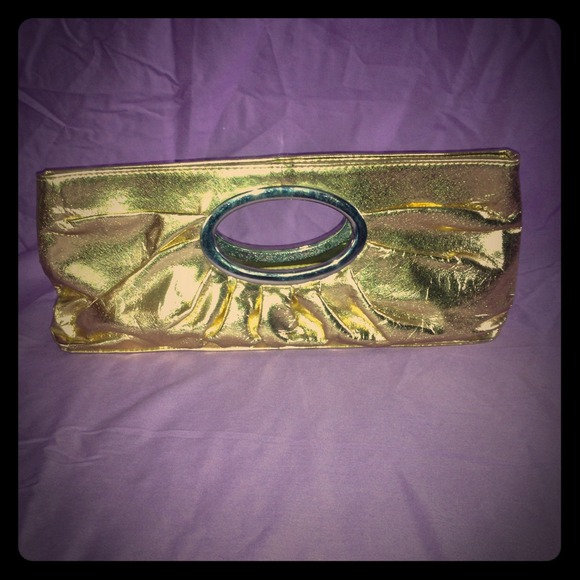 Gold leather clutch.