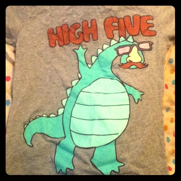 Gray high five shirt with dinosaur.