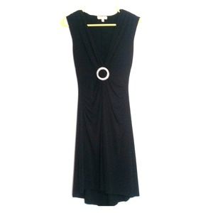 Sleeveless, deep V, dress with silver pendent