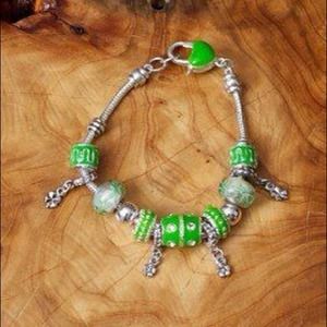 Multi Green Enamel European Charm Bracelet.