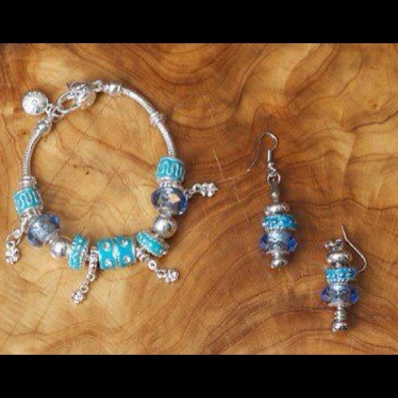 Aqua & Blue Enamel Euro Charm Bracelet & Earrings