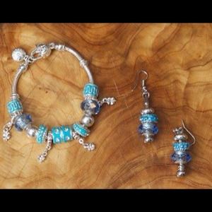 Aqua & Blue Enamel Euro Charm Bracelet & Earrings