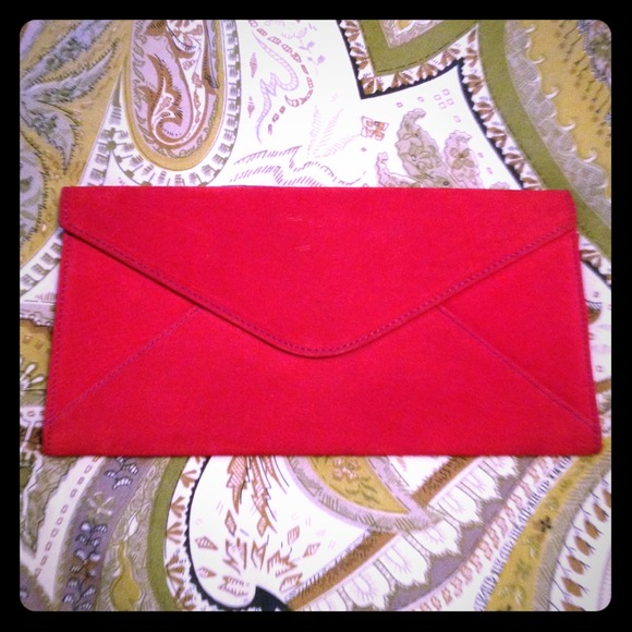 Red faux suede envelope clutch
