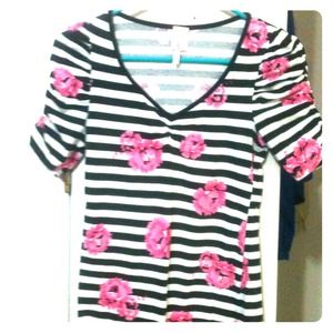 Blk & white striped with roses top