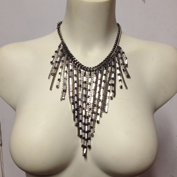 SOLD Silver White Beaded Chain Statement Necklace - Picture 2 of 2