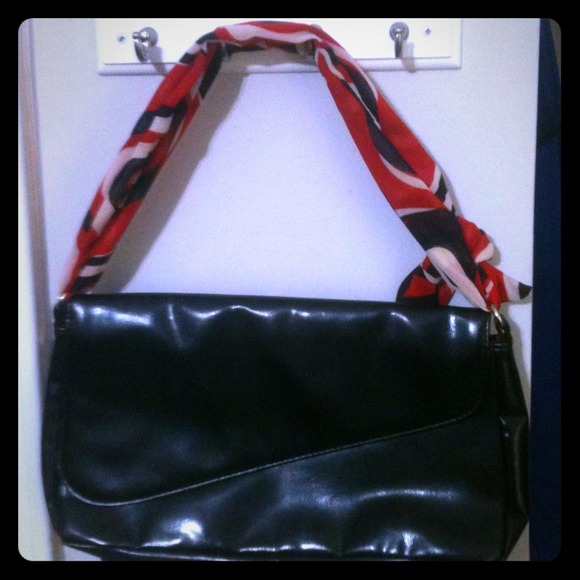 Small black leather and scarf strap handbag