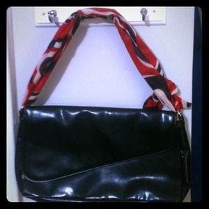 Small black leather and scarf strap handbag