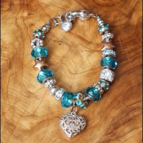 Blue Topaz & Gold Heart European Charm Bracelet - Picture 1 of 2