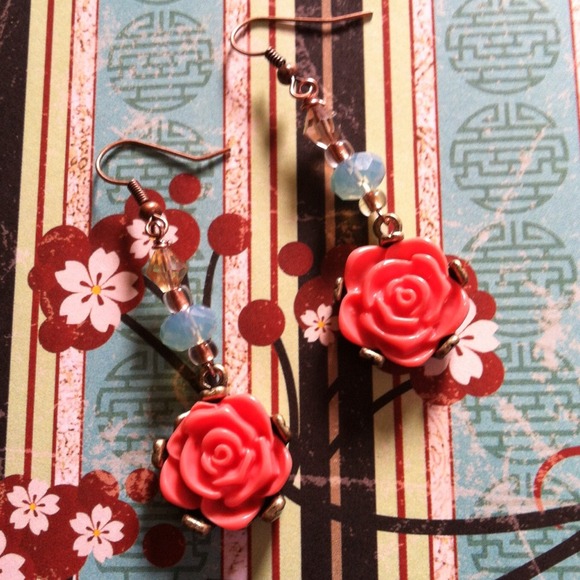 Coral rose earrings with pacific opal swarovski
