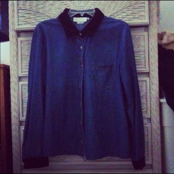 Denim shirt with black velvet collar and cuffs