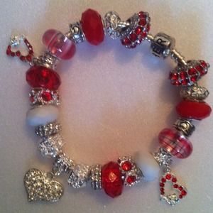 Sparkling Silver & Red Hearts Lover Charm Bracelet