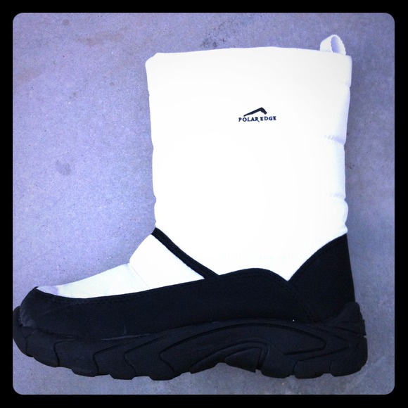 White with black trim snow boots.