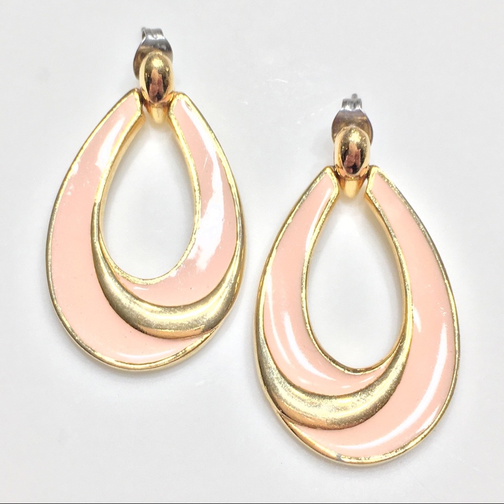 VINTAGE 80's Enamel Oval Peach Gold Stud Earrings