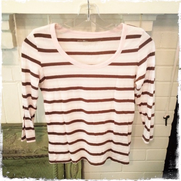 5/$25!🌟 GAP Pink Cream Brown Striped 3/4 Sleeve T - Picture 2 of 5