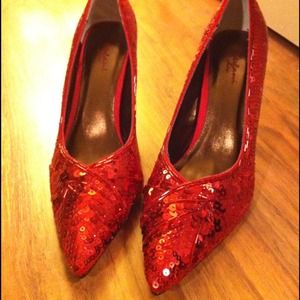 Ruby Red Satin/Sequin High Heels (new in box)