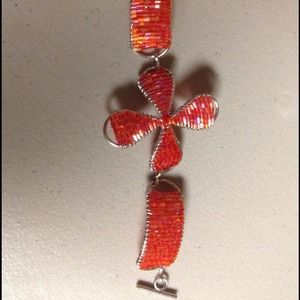 Reddish Orange Sparkling Flower Wire Wrap Bracelet