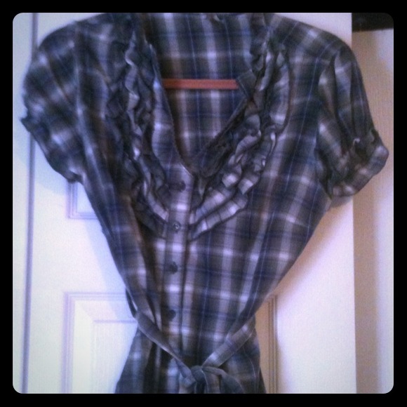 Grey/purple/black button front ruffle shirt