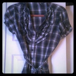 Grey/purple/black button front ruffle shirt