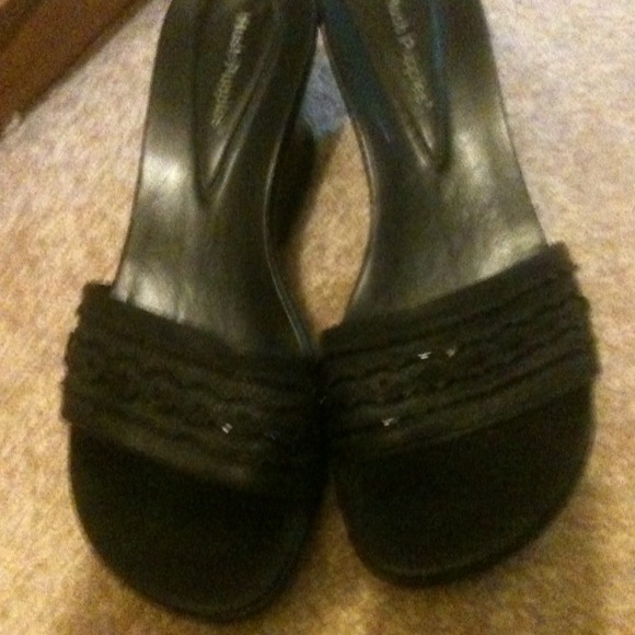 Black wedge shoes with sequins and bead detail