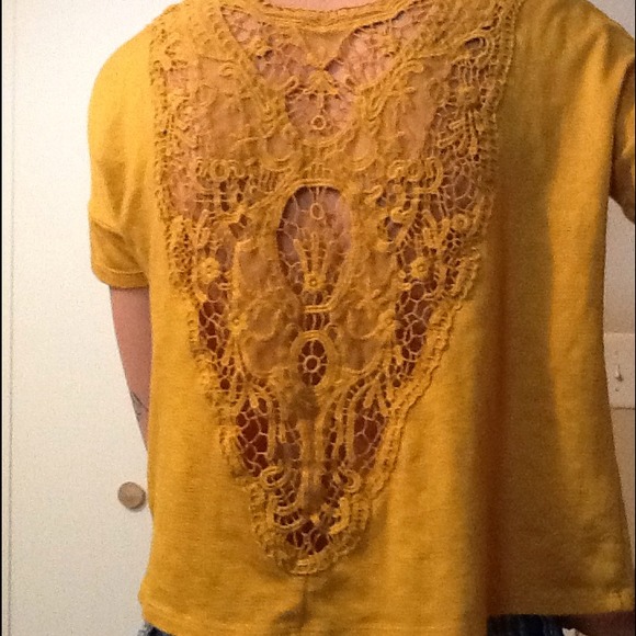 Mustard Colored Lace Back Tee. - Picture 2 of 2