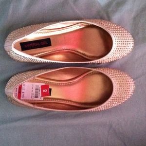 :::sold::Rose gold flatbacks on satin peach flats