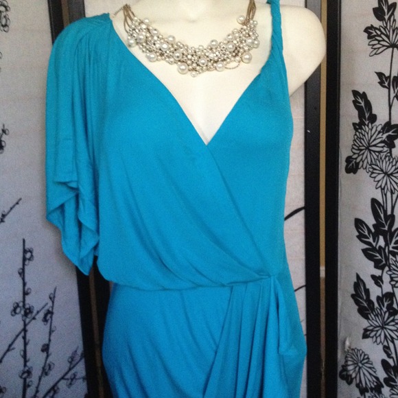 SOLD Bebe Blue Goddess Draped Deep V Wrap Dress - Picture 3 of 4